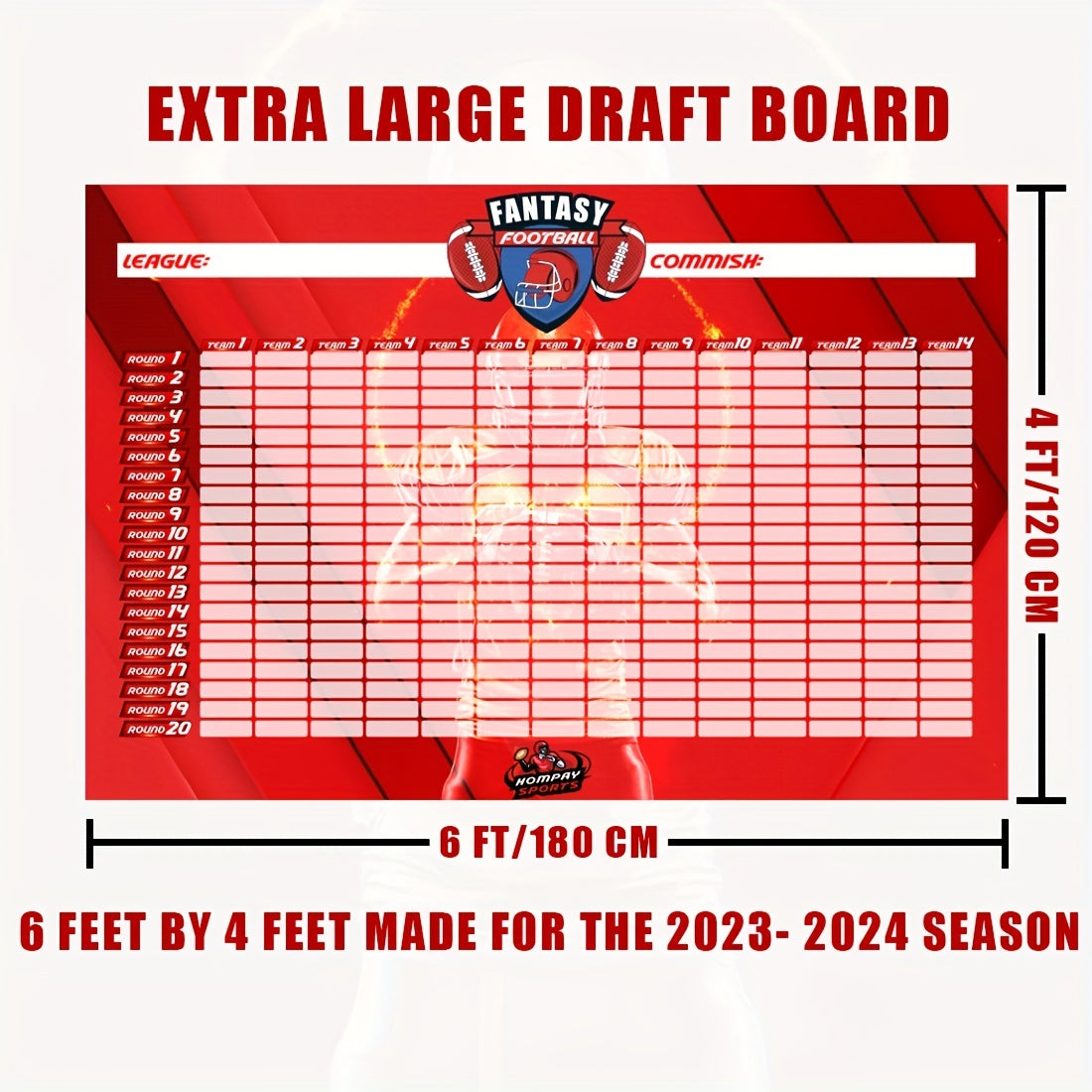 Fantasy Football Draft Board - 14 Teams - 20 Rounds - 650 Player Stick