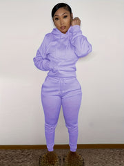 Women's Solid Hooded Sports Set Long Sleeved Tops and Pants