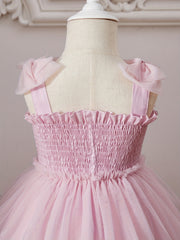 Baby Girls Shirred Mesh Layered Cami Dress With Bows On Shoulder