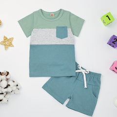 2pcs Baby Boys Block Pocket Patched T shirt & Shorts Set Clothes
