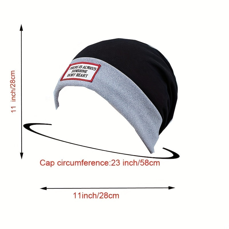 Stylish Label Decor Beanie Block Warm Skull Cap Elastic Knit Hat