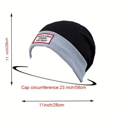 Stylish Label Decor Beanie Block Warm Skull Cap Elastic Knit Hat