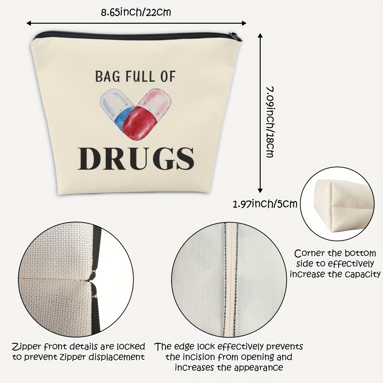 NP Makeup Cosmetic Bag Full of Drugs Funny Travel Zipper Pouch