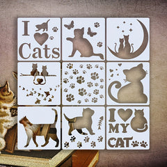 9pcs Cats Theme Stencils Reusable Cat Footprint Butterfly Love DIY Draw Stencils