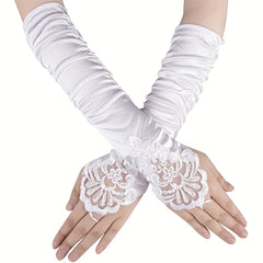 Vintage Floral Lace Gloves with Rhinestone Detail