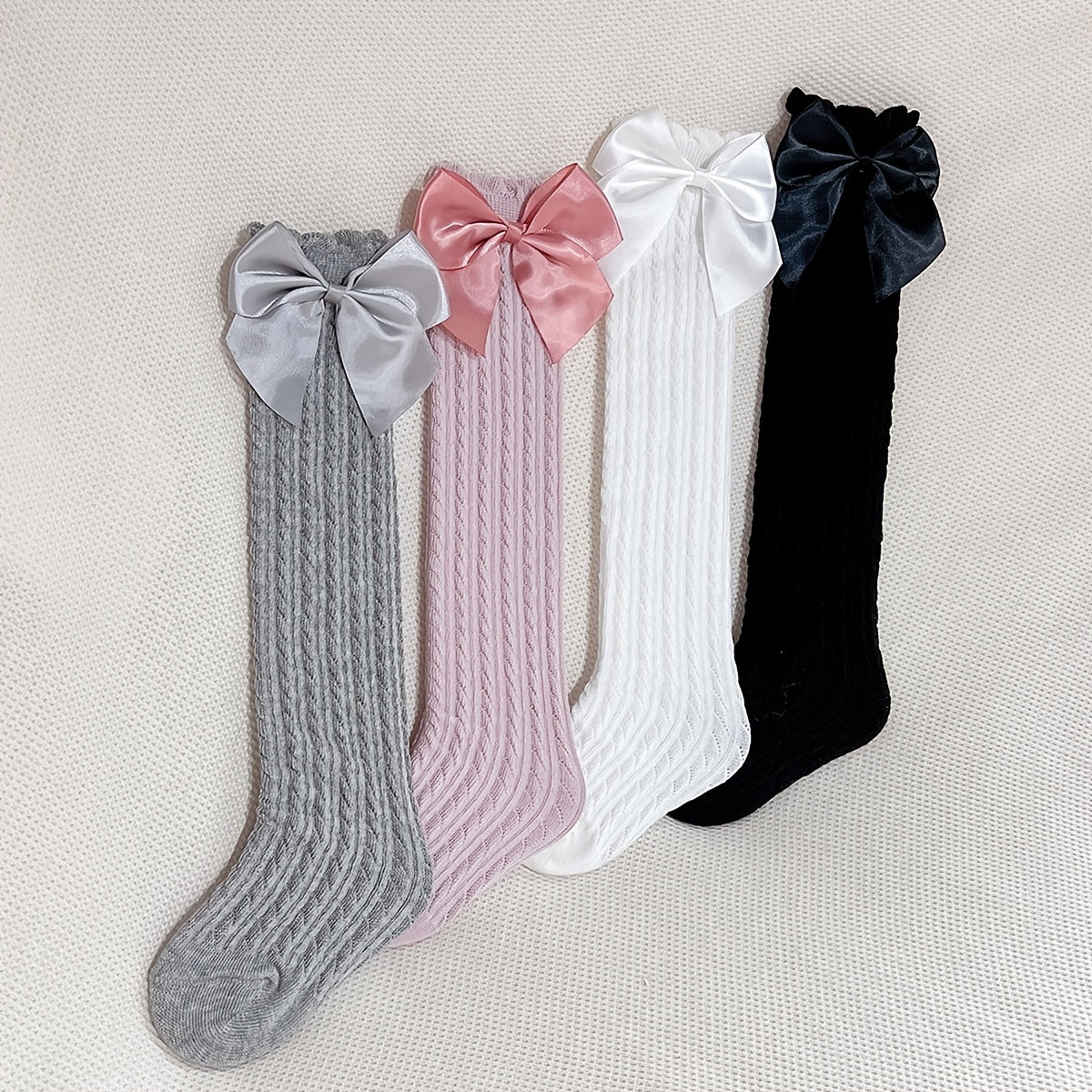 4 Pairs Girls Breathable Mesh Cable Knit Knee High Socks with Satin Bow