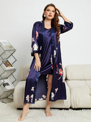 Floral Print Dress & Belted Robe Loungewear Set