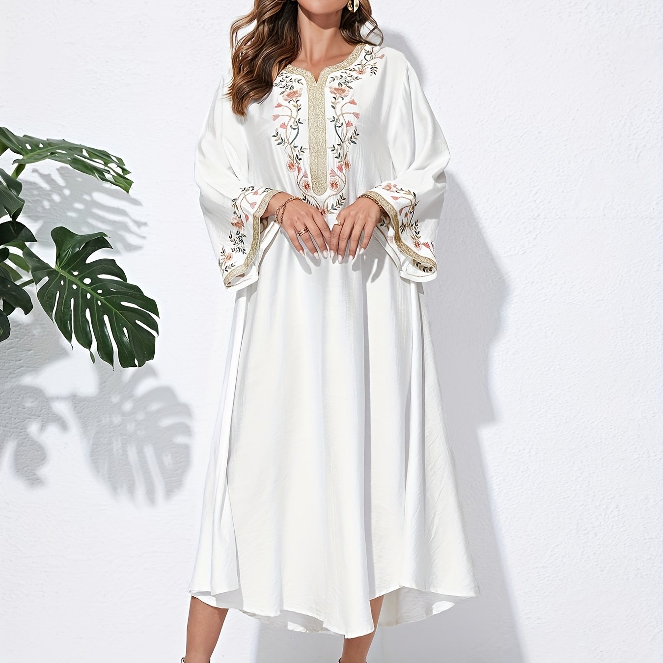 Floral Embroidered Abaya Dress Long Sleeves V Neck Maxi