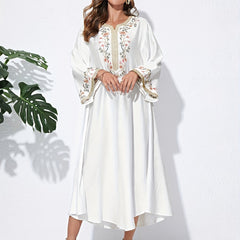 Floral Embroidered Abaya Dress Long Sleeves V Neck Maxi