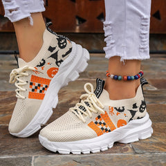 Funny Pumpkin Print Mesh Sports Shoes Lightweight Travel Shoes