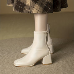 Women's Chunky Heel Boots Solid Square Toe Back Zipper Casual Shoes