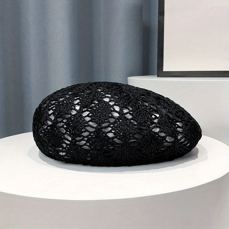 Crochet Hollow Beret Cap Breathable Straw Beanie Women Painter Hat