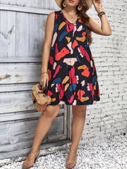Print V Neck Ruffle Trim Tank Dress