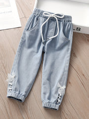 Girls' Lace Bow Beaded Casual Jeans For Street Kids