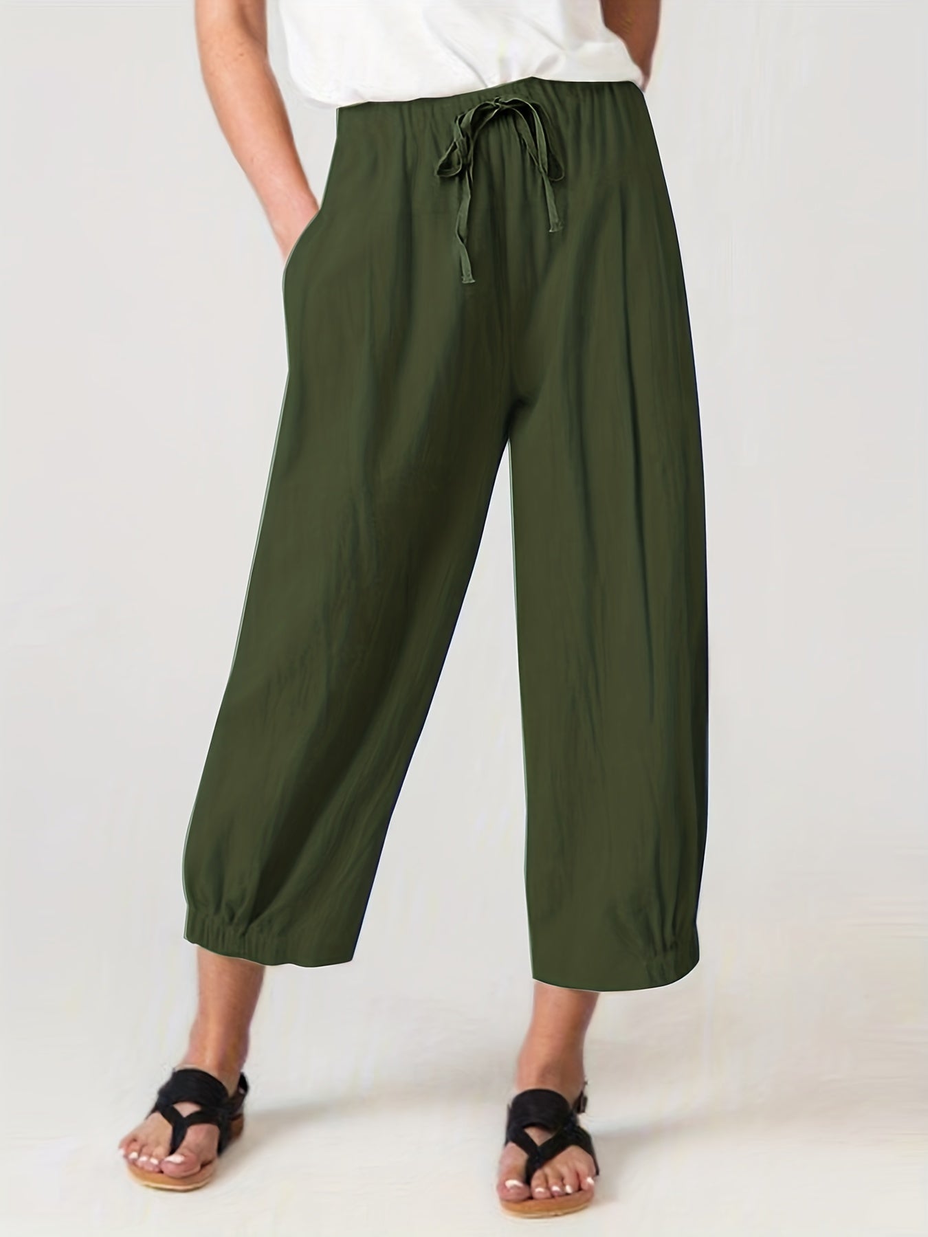 Drawstring Waist Cropped Pants Loose Fit Casual Elastic Trim