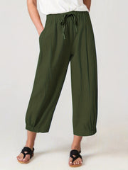 Drawstring Waist Cropped Pants Loose Fit Casual Elastic Trim