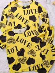 Heart Print Pajamas Set Short Sleeve Crew Neck Top & Long Sleeve Top & Pants