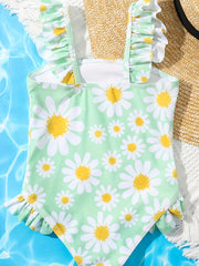 Floral Print One Piece Swimsuit Ruffled Straps Beach Swimwear
