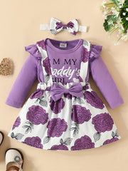 3pcs Long Sleeve Triangle Onesie Suspender Dress Set Newborn Alphabet Print