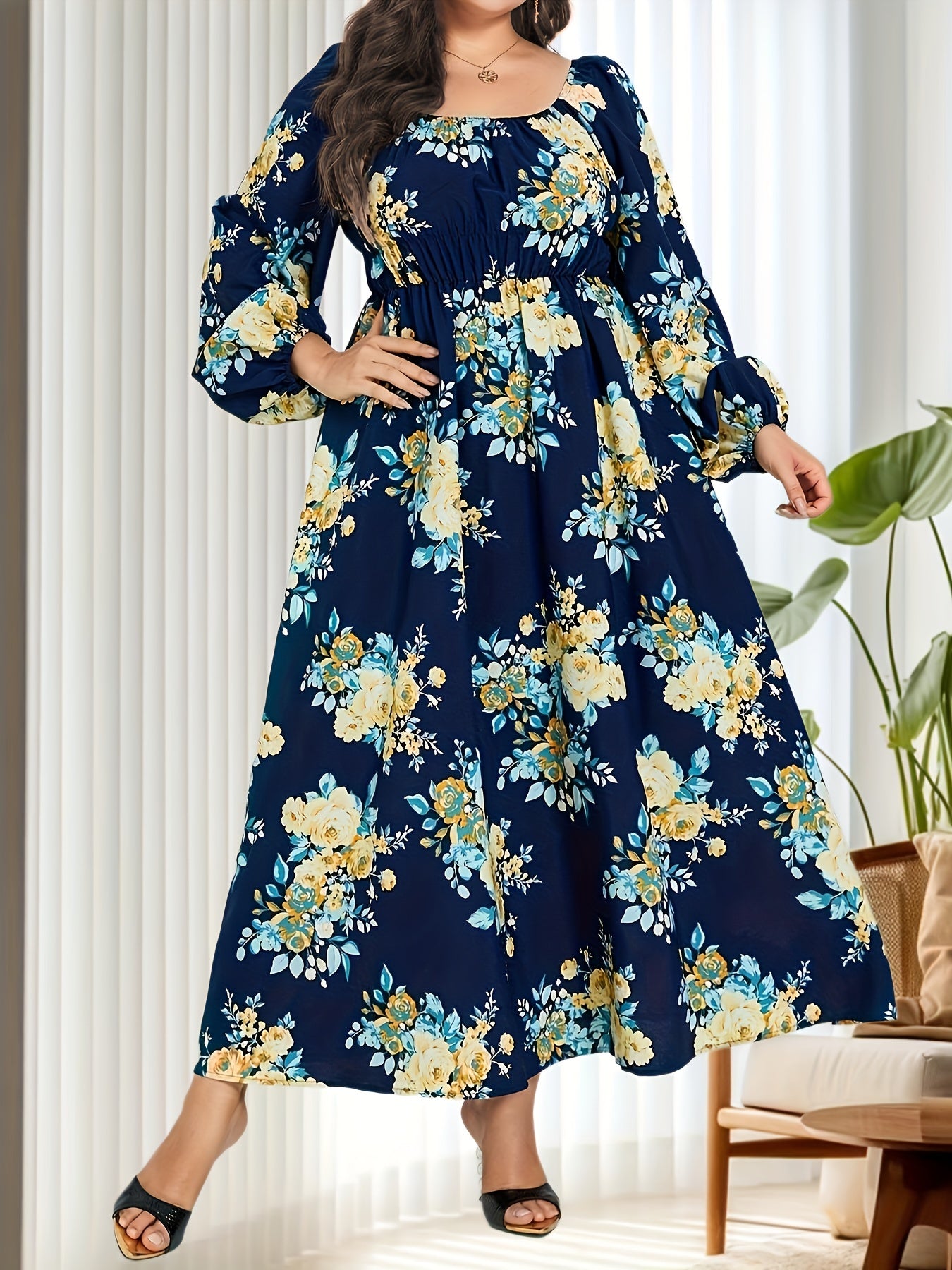 Floral Lantern Sleeve Maxi Dress Nipped Waist