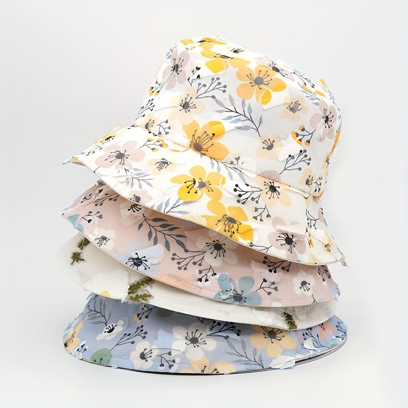 Pink Flower Print Bucket Hat Mesh Breathable Casual Basin Hat Lightweight Sunscr
