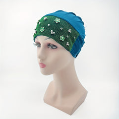 Flower Decor Glitter Turban Block Head Wraps Beanie Ramadan Hijab Hat