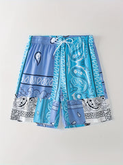 Block Digital Print Men's Drawstring Shorts Swim Wear Casual Swim Trunks