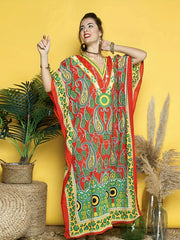 Boho Cover Up African Ethnic Print Bat Sleeve V Neck Split Dress