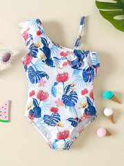 Girls' Green Floral One Shoulder Swimsuit with Ruffled Trim