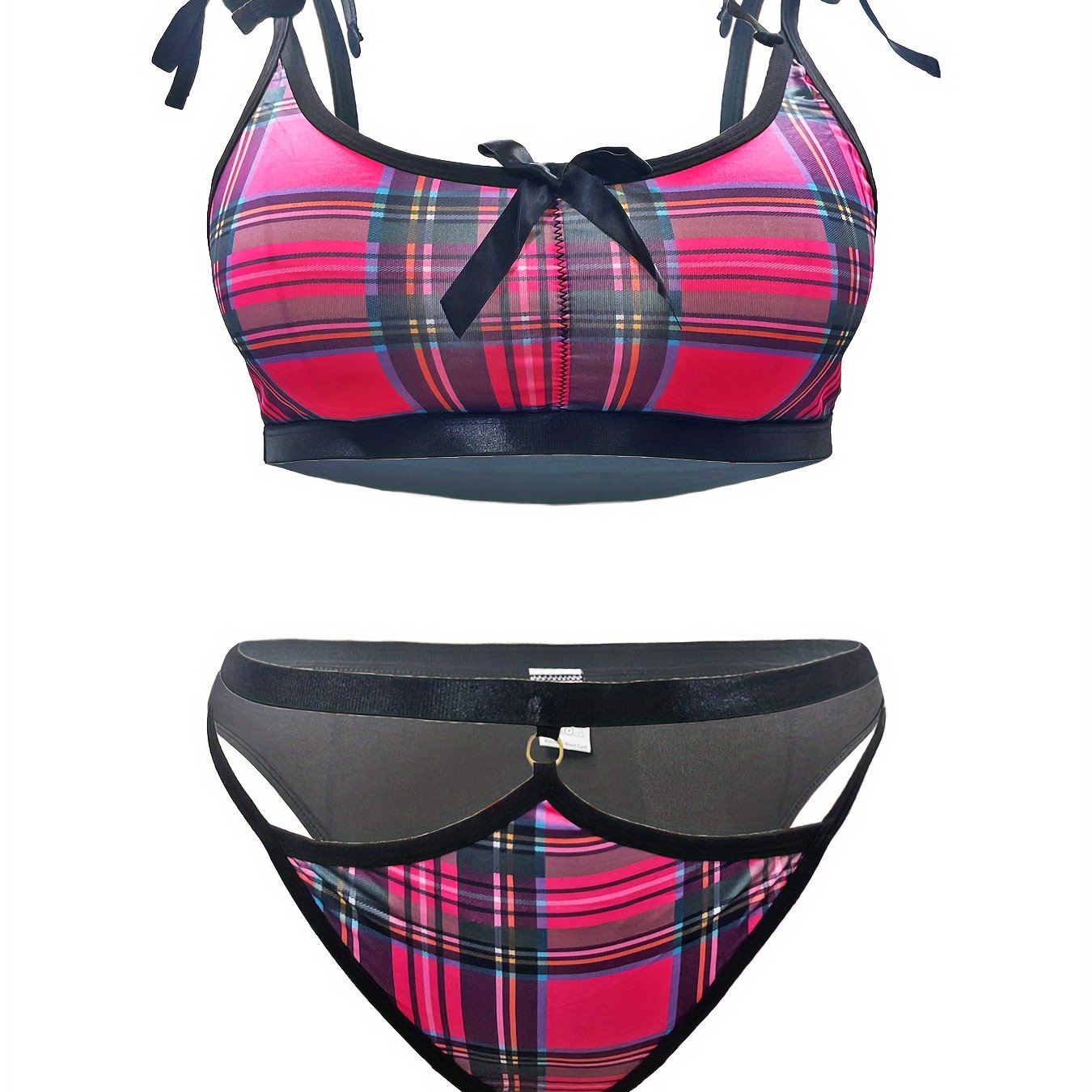 Sexy Lingerie Set Plaid Print Bow Tie Bra & Panty Preppy 2 Piece