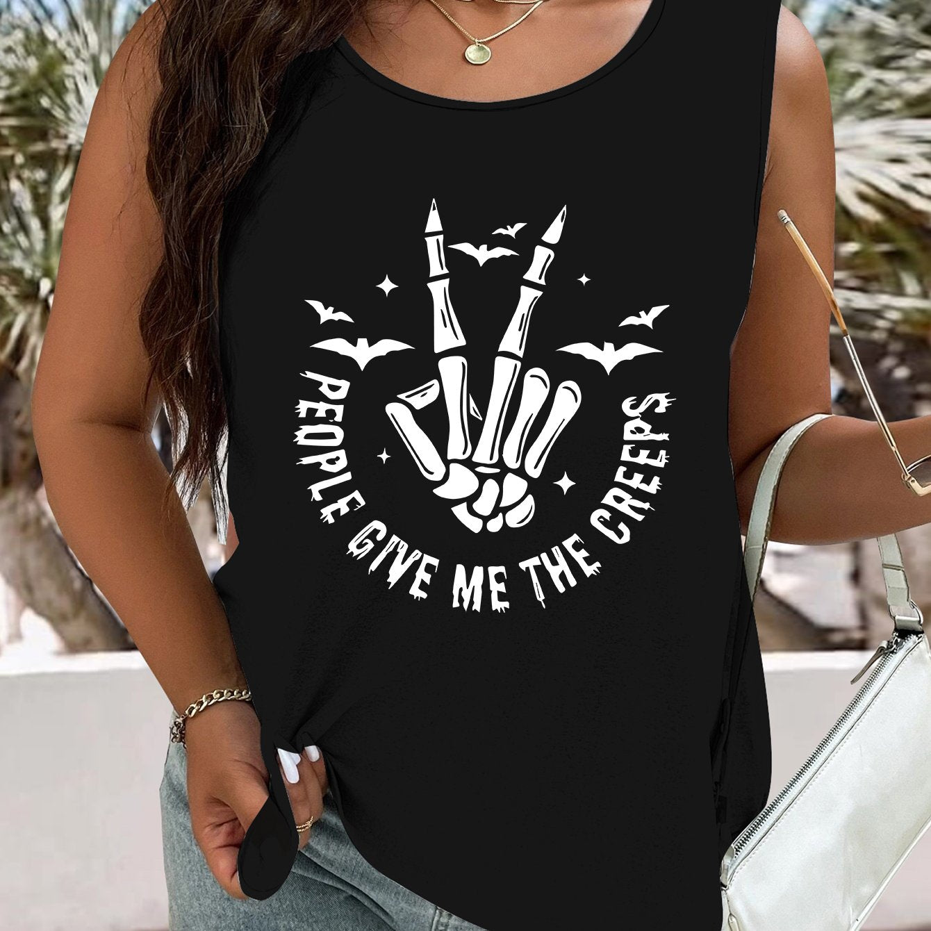 Halloween Tank Top Women's Plus Funny Skull & Slogan Print Round Neck