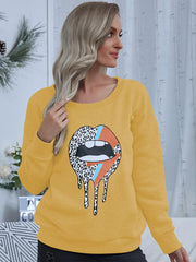 Casual Lip Pattern Print Sweater Crew Neck Top