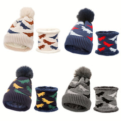 Kids Dino Knit Beanie Hat & Velvet Neck Gaiter Set