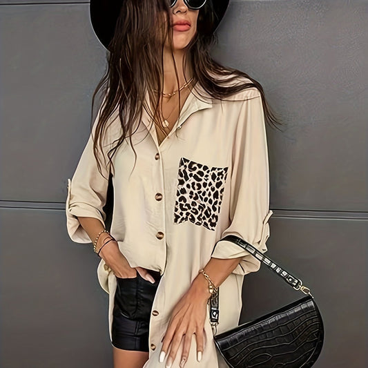 Colorblock Leopard Print Button Up Roll Up Sleeve Blouse