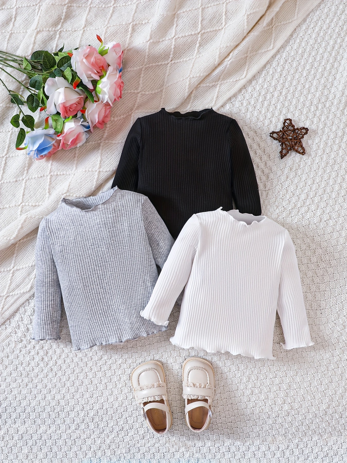 Baby Girl's Ribbed Knit Long Sleeved T-shirt 3pcs Set
