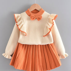 Girl's Ruffle Sweater & Pleated Skirt Set Bow Decor Casual Outfits