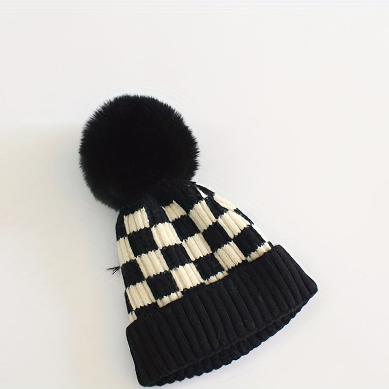 Kids Chessboard Pattern Winter Hat Warm Woolen Baby Accessories