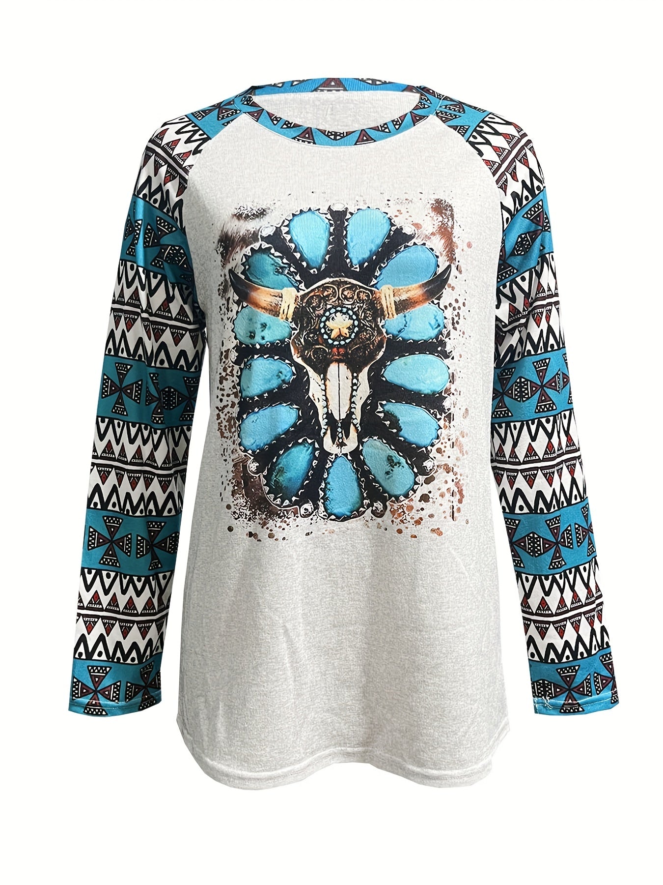 Bull Skull Print Sweatshirt Crew Neck Long Sleeve Casual Women's Clothing