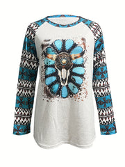Bull Skull Print Sweatshirt Crew Neck Long Sleeve Casual Women's Clothing