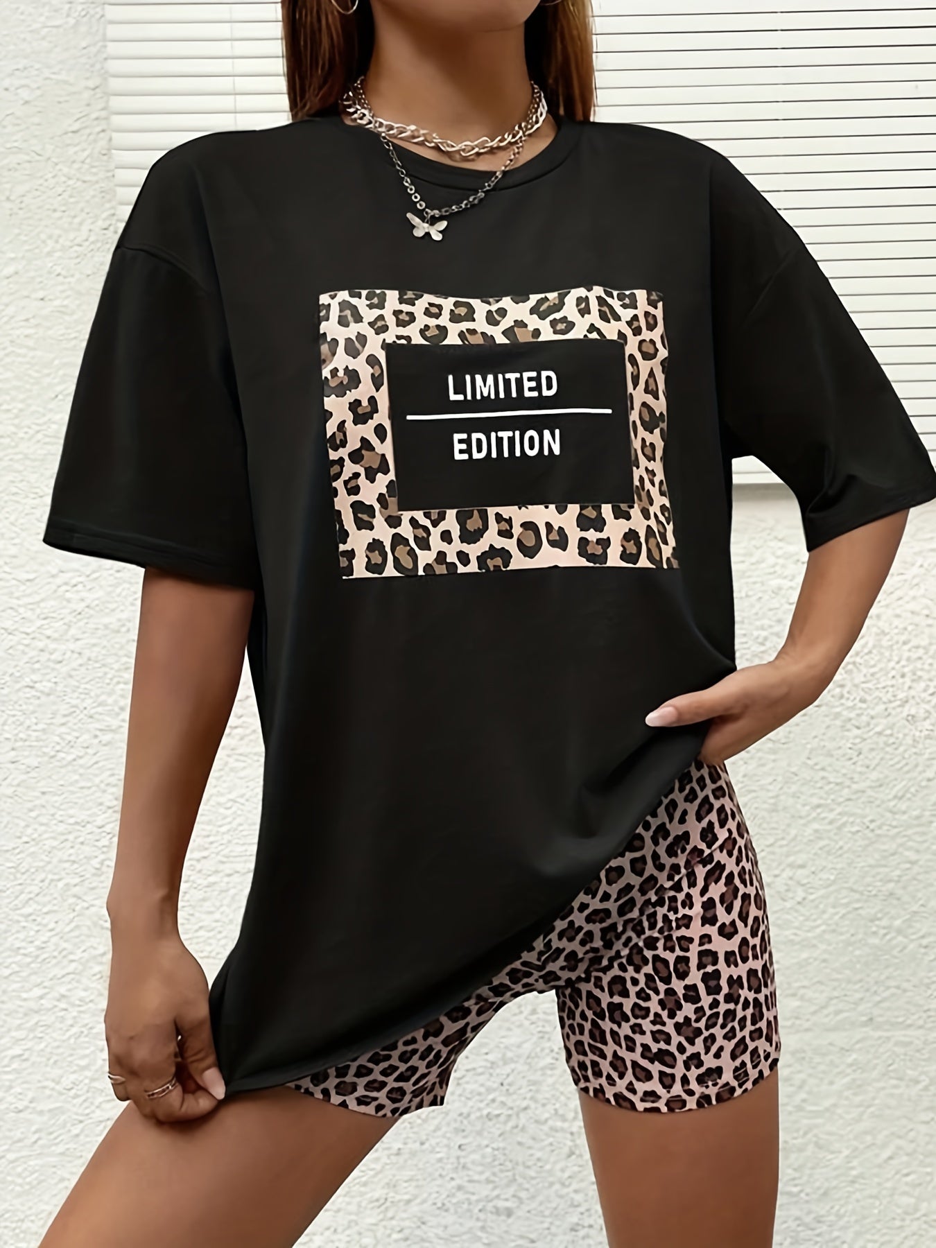 Leopard Print Lounge Set Short Sleeve Crew Neck Top & Elastic Waistband Shorts