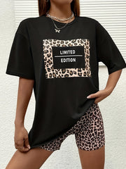 Leopard Print Lounge Set Short Sleeve Crew Neck Top & Elastic Waistband Shorts