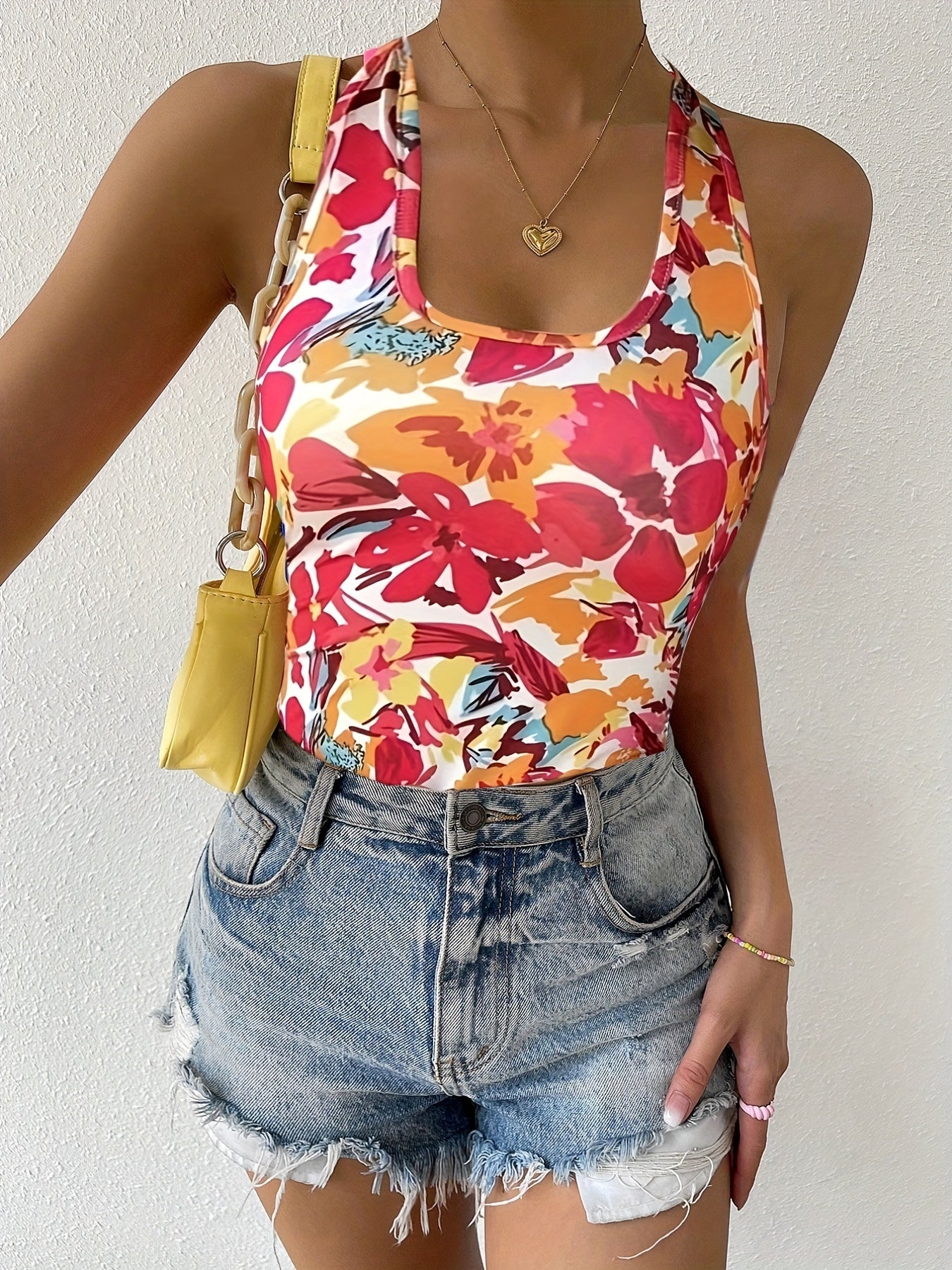 Floral Print Halter Top Sleeveless Summer Top Women's Clothing