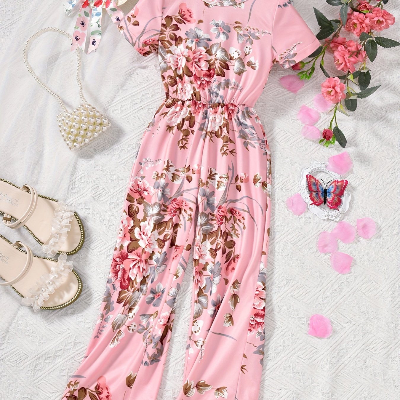 Toddler Girls Flowers Short Sleeve Romper Jumpsuit