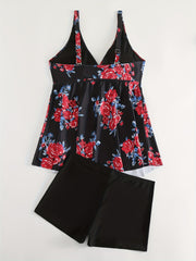 Modest Tankini Set - Floral Print Tie Front Cami Top & Boys