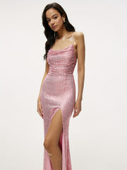 Glitter Sequined Split Cami Bridesmaid Dress Backless Dress For Wedding Party