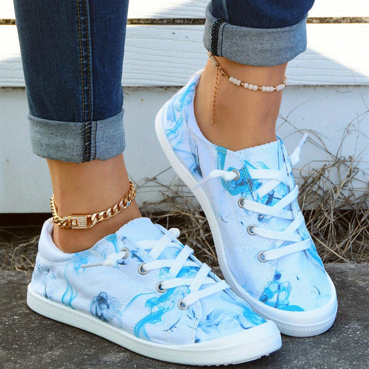 Women's Ink Print Canvas Shoes Lace Up Flat Walking Shoes Lightweight