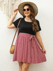 Colorblock Ditsy Print Round Neck Dress With Belt