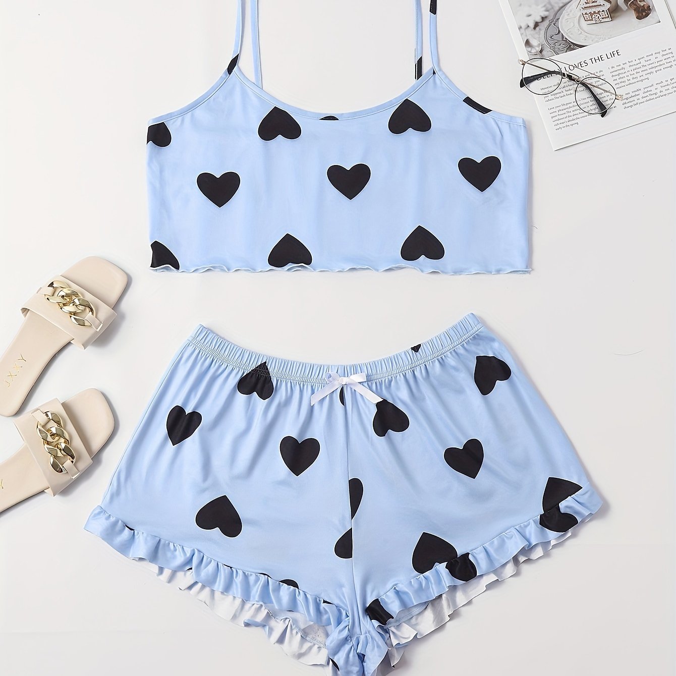 Heart Print Crop Cami Top & Shorts Pajama Set