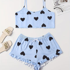 Heart Print Crop Cami Top & Shorts Pajama Set