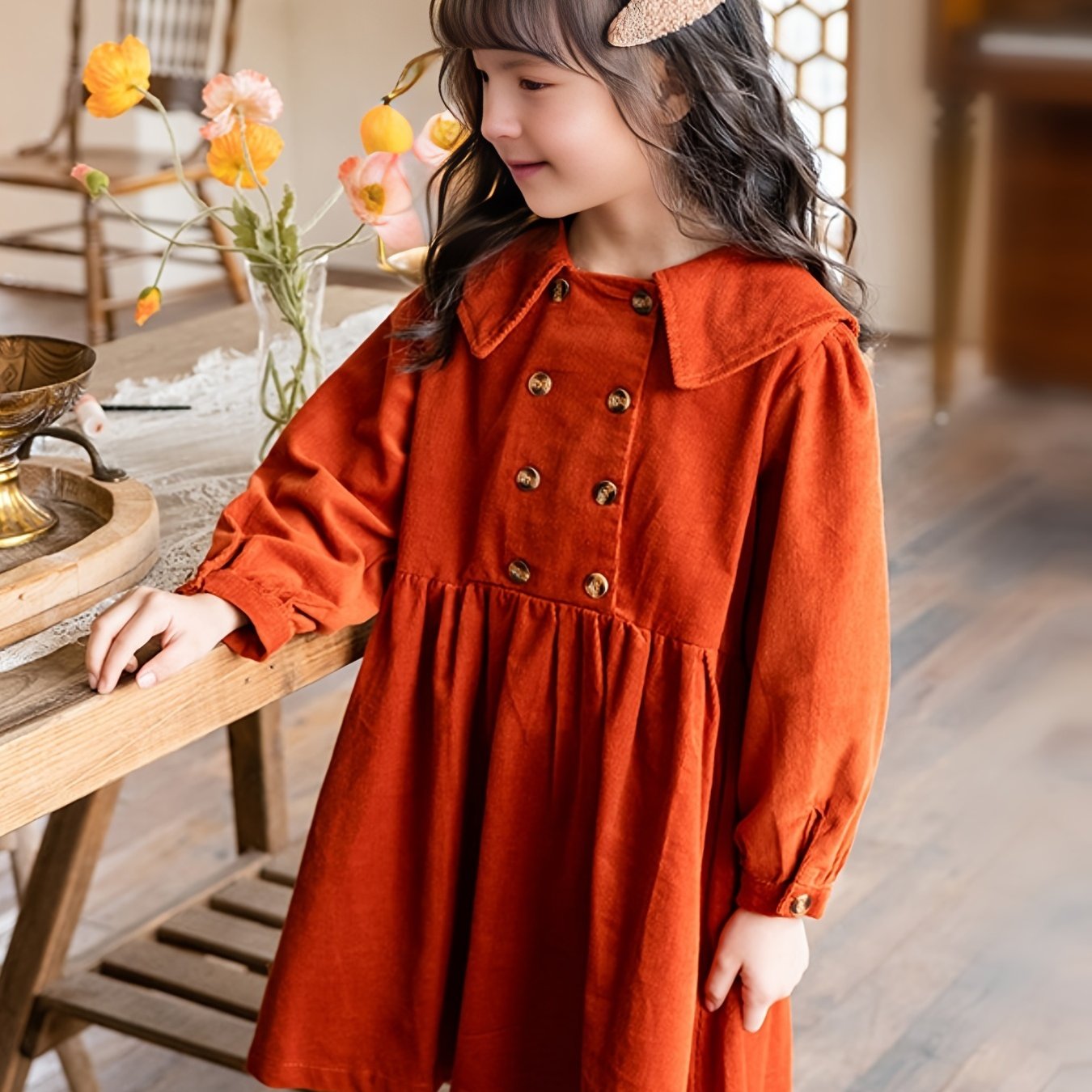 Girl's Solid Corduroy Princess Dress Long Sleeve Spring Fall Party